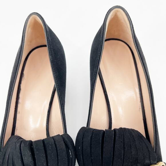 Gucci Marmont Black Suede GG Logo Kiltie Fringe Block Heel Loafer Pumps EU 37 - Picture 8 of 14